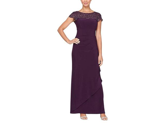 Alex Evenings Long Empire Waist Dress with Cascade Skirt and Embroidered Neckline (Eggplant) Women's Dress Product Image