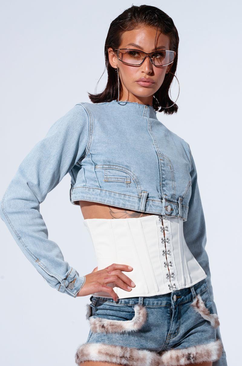 LEILA DRAMATIC DENIM LONG SLEEVE TOP Product Image