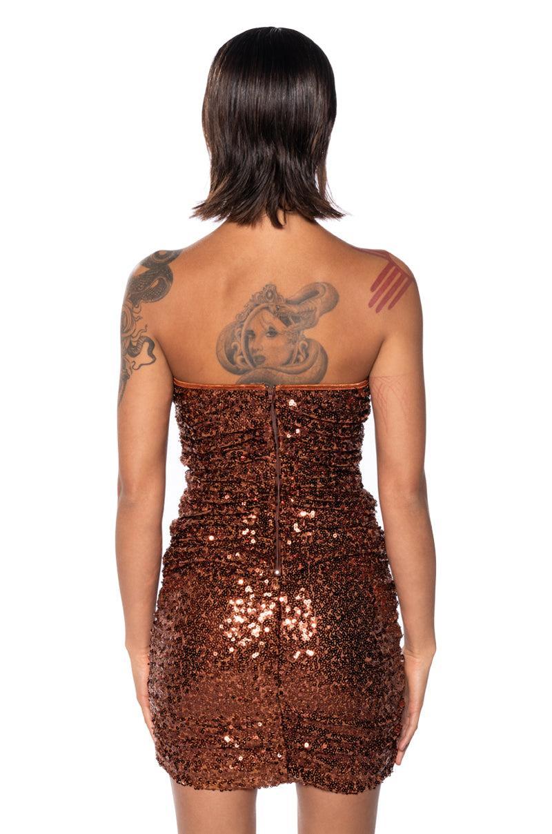 MAYA SEQUIN STRAPLESS MINI DRESS IN BROWN Product Image