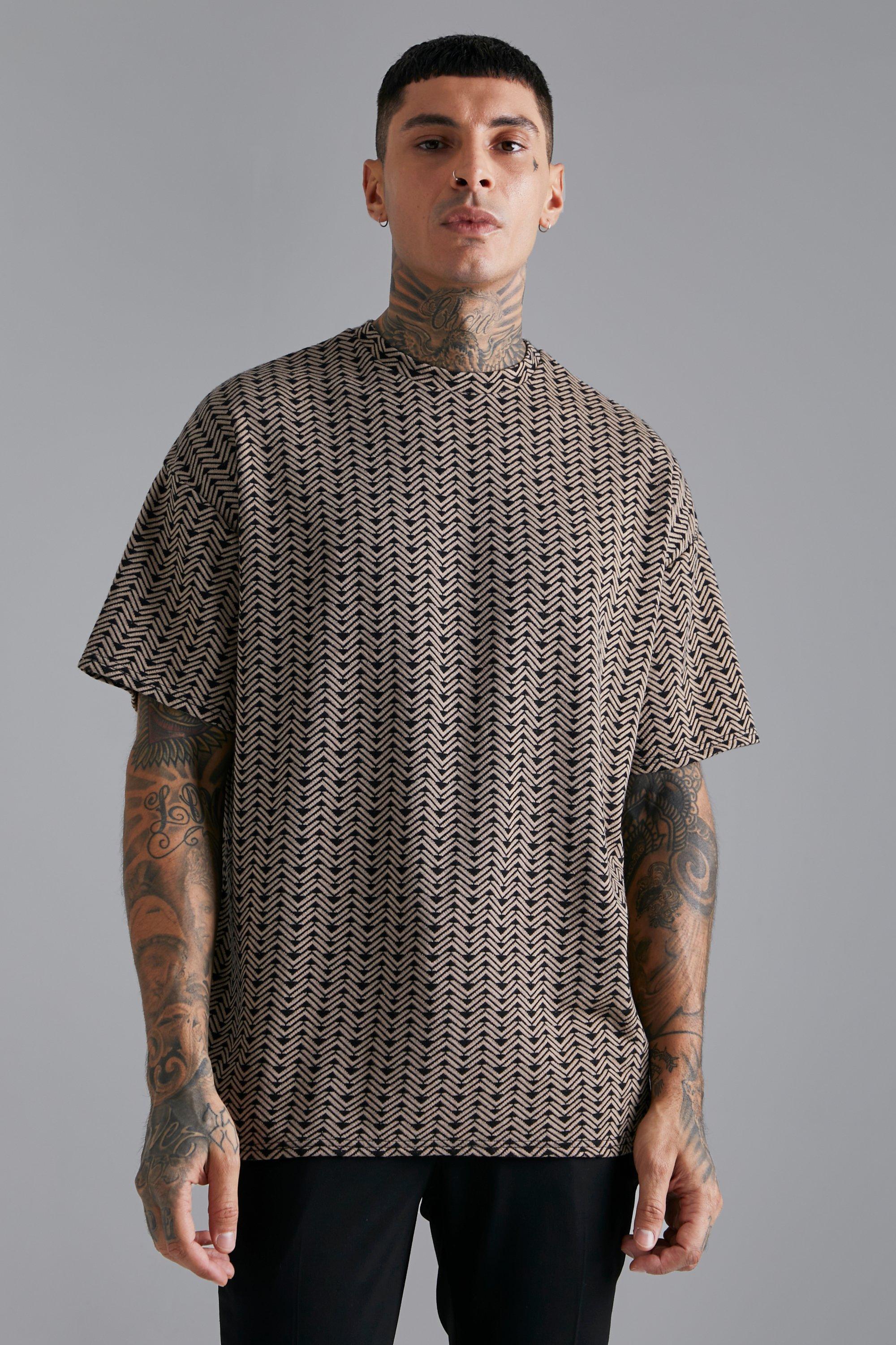 Mens Tan Herringbone Jaquard Oversized T-shirt, Tan Product Image