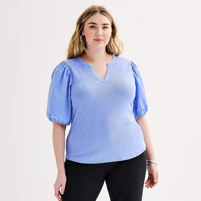 Plus Size Nine West Mixed Media Puff Sleeve Y-Neck, Womens Product Image