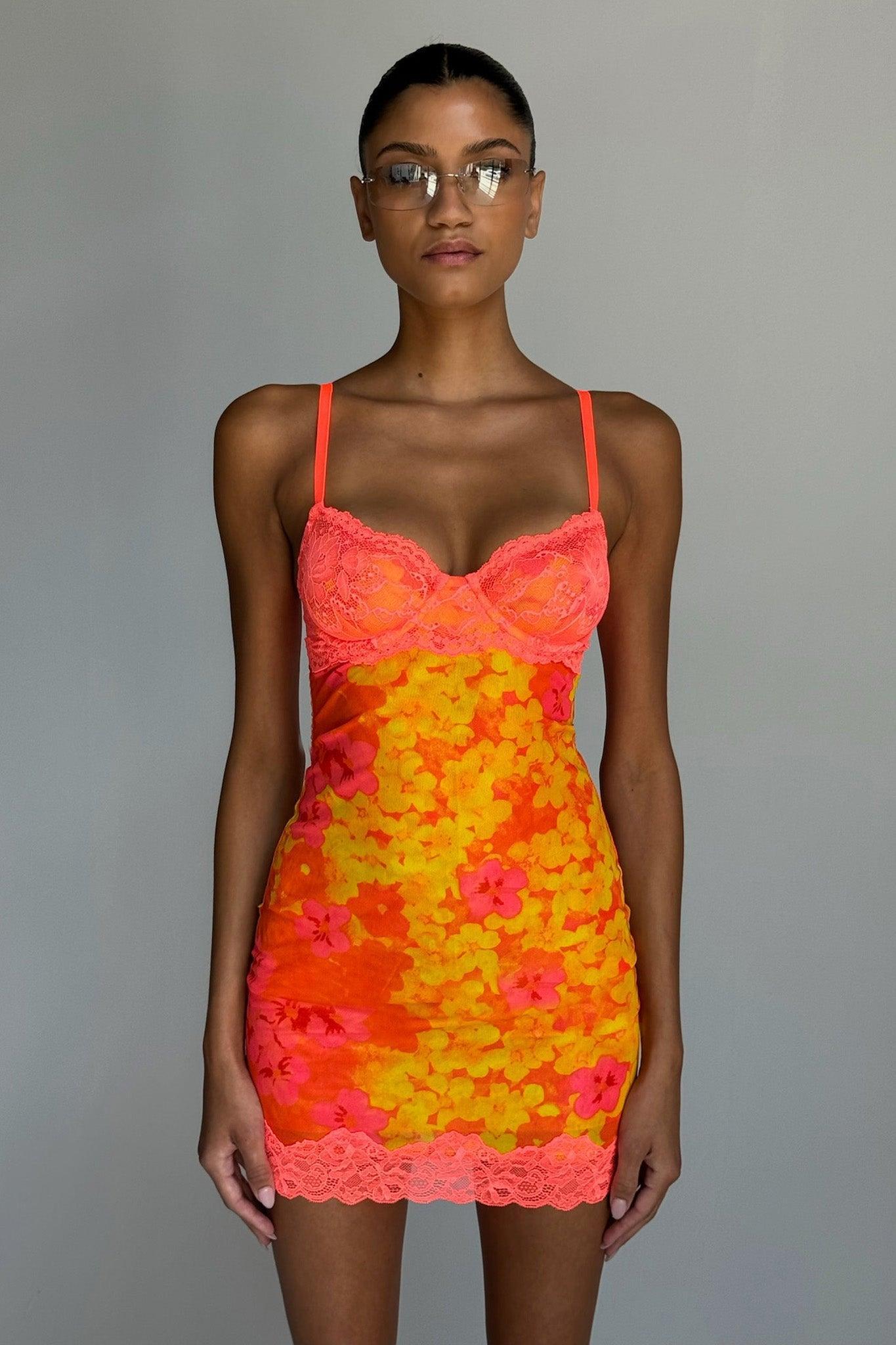 CALYPSO MINI DRESS - ORANGE : NEON FLORAL Product Image