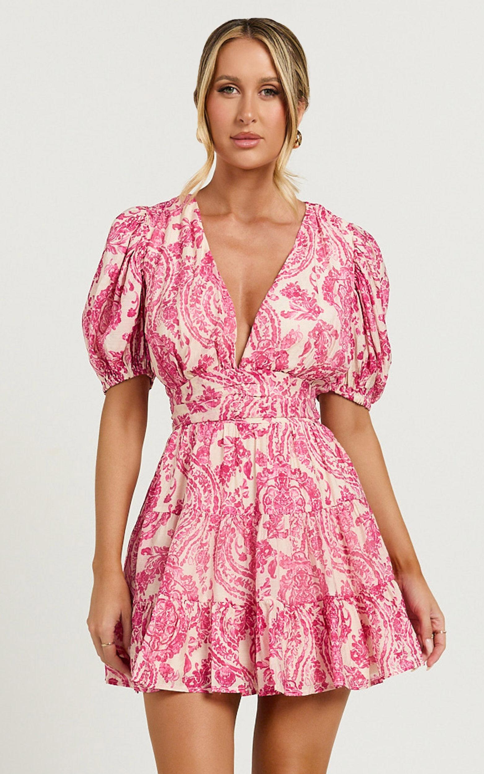 Adea Mini Dress - Plunge Puff Sleeve Tiered Dress in Pink Floral Product Image