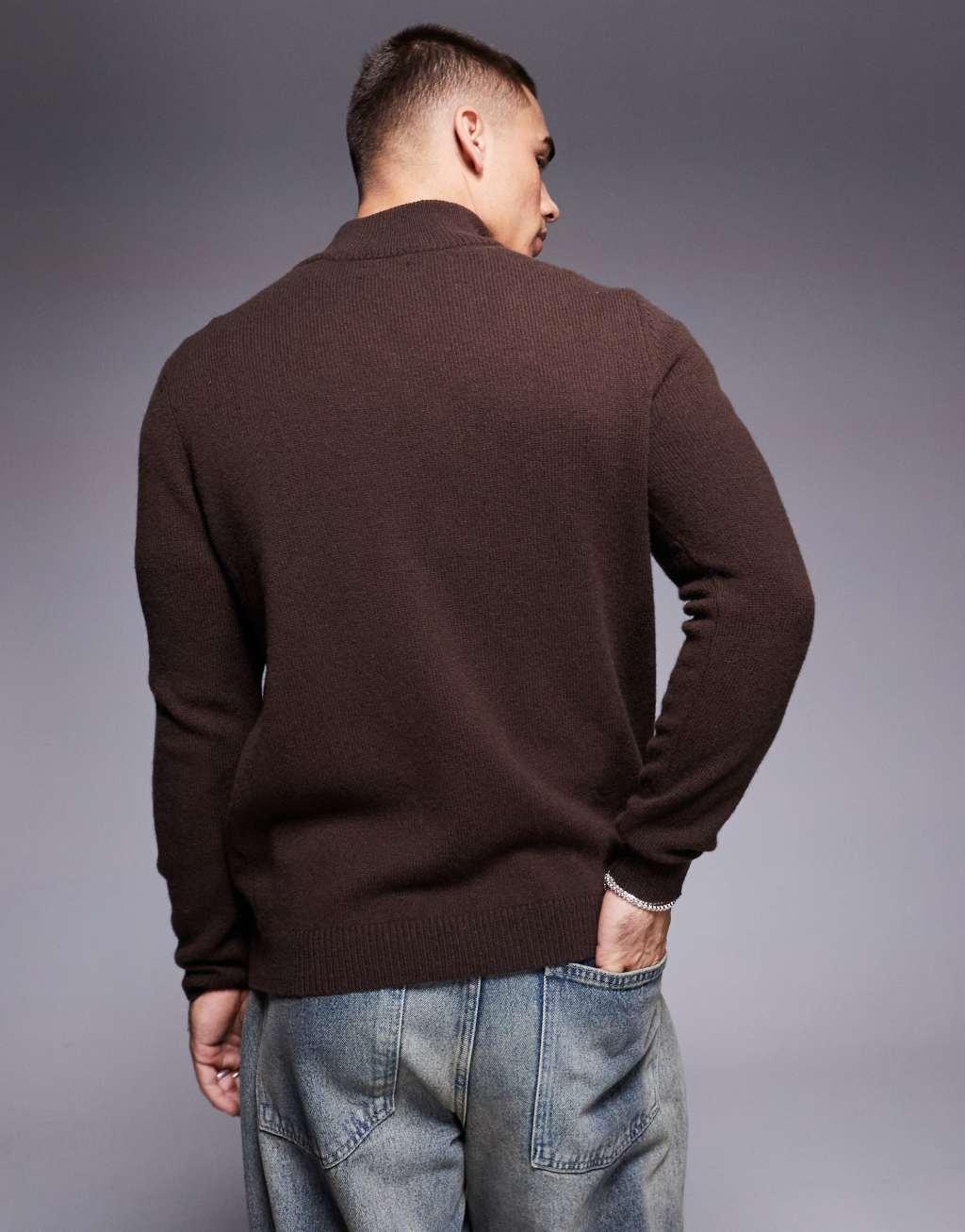 ASOS DESIGN lambswool quarter zip sweater in brown Product Image