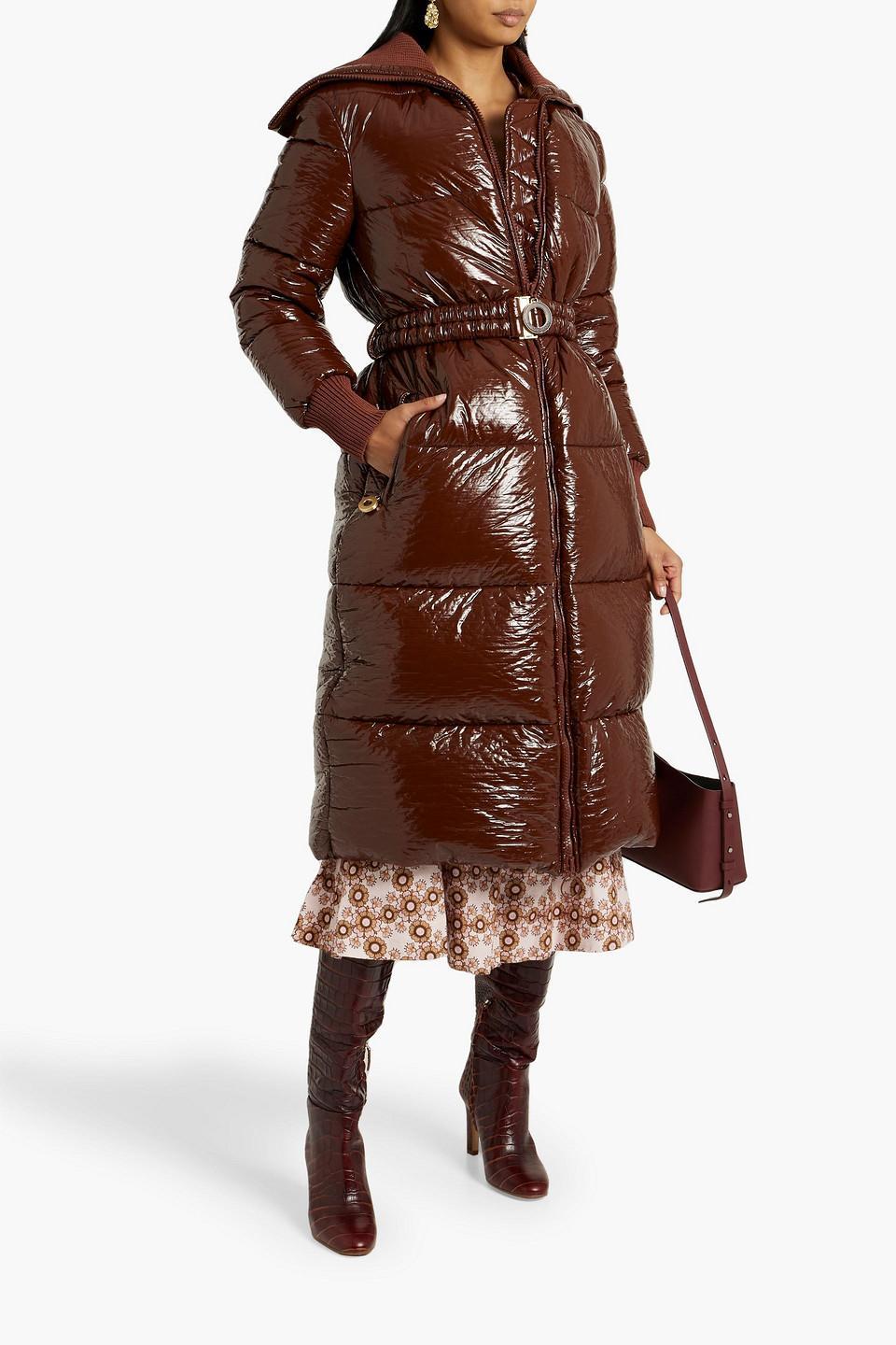 Belted Quilted Vinyl Down Coat In Brown Product Image