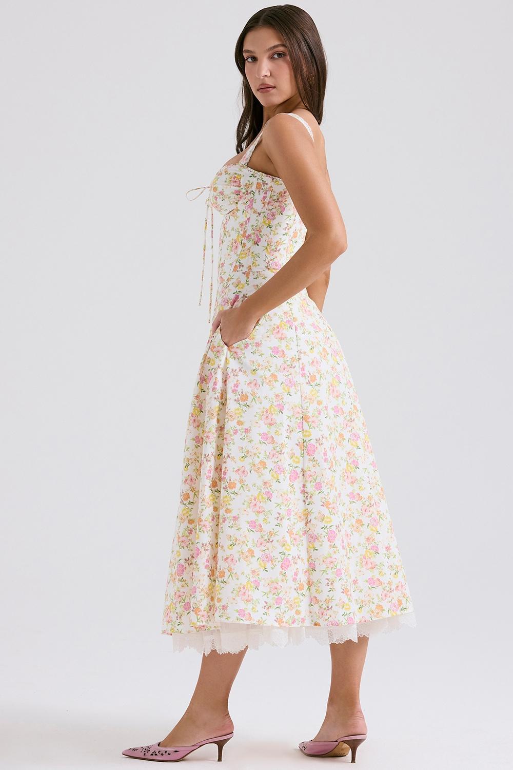 Rosalee Ivory Meadow Print Cotton Bustier Sundress Product Image