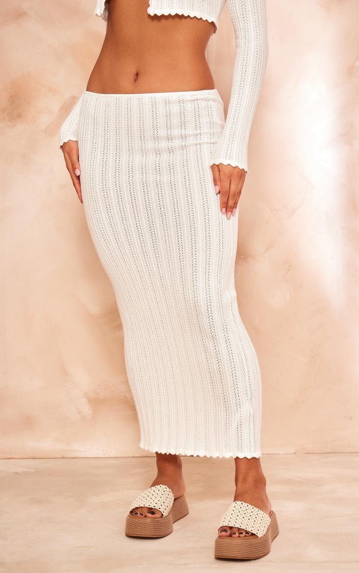 Cream Textured Crochet Knit Maxi Skirt Product Image