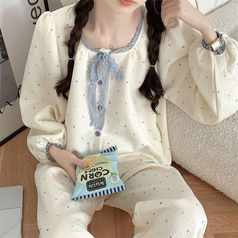 Pajama Set: Puff-Sleeve Dotted Lace Trim Button-Up Shirt + Pants Product Image