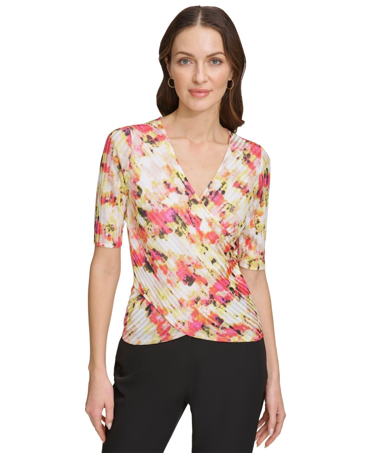 Dkny Womens Printed Textured Surplice Top - Ivory Product Image