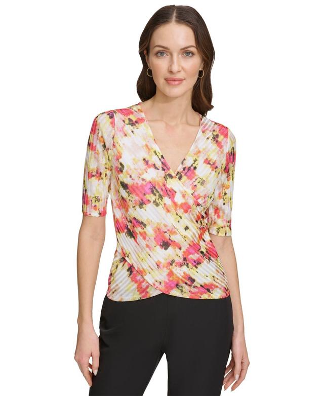 Dkny Womens Printed Textured Surplice Top - Ivory Product Image