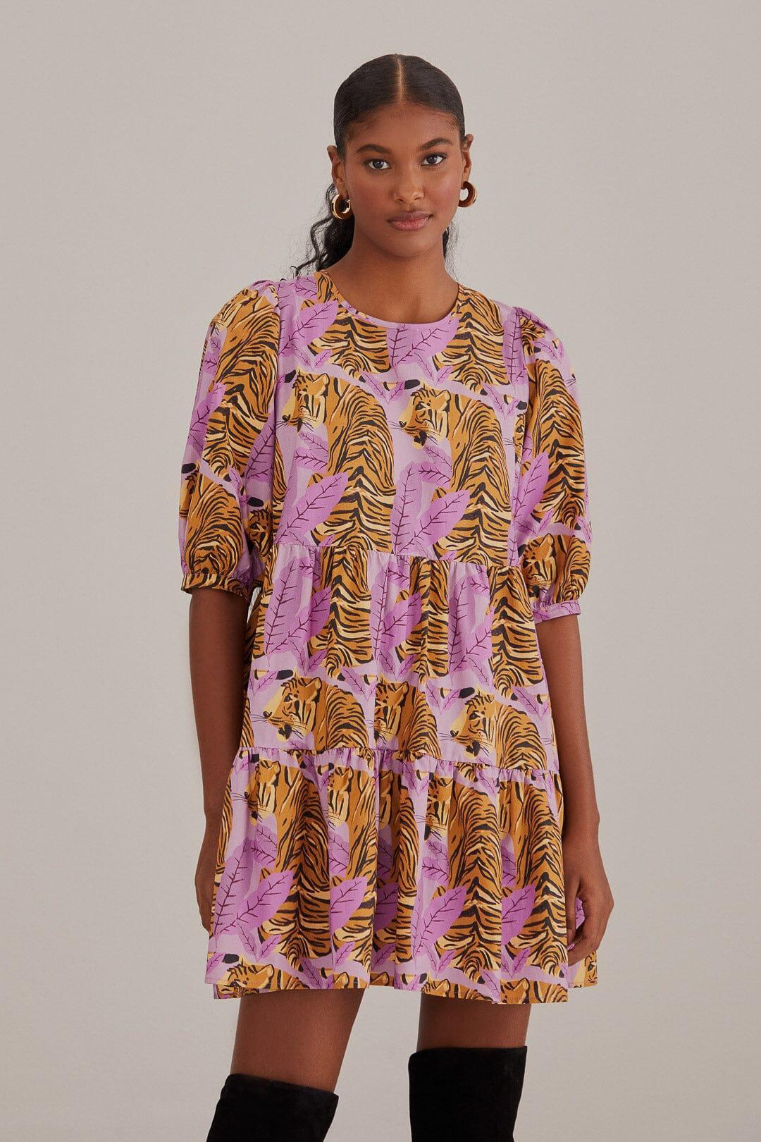 Lavender Tiger Leaves Puff Sleeve Mini Dress Product Image