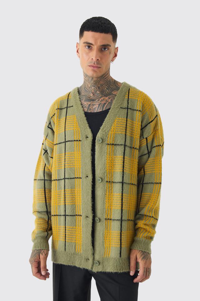 Tall Brushed Knit Plaid Drop Shoulder Cardigan | boohooMAN USA Product Image