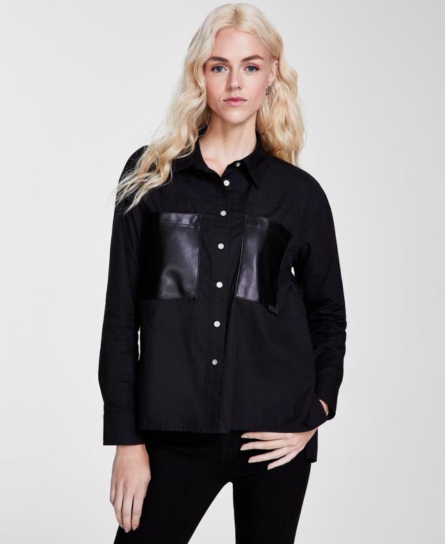 Dkny Jeans Womens Faux-Leather-Pocket High-Low Shirt Product Image