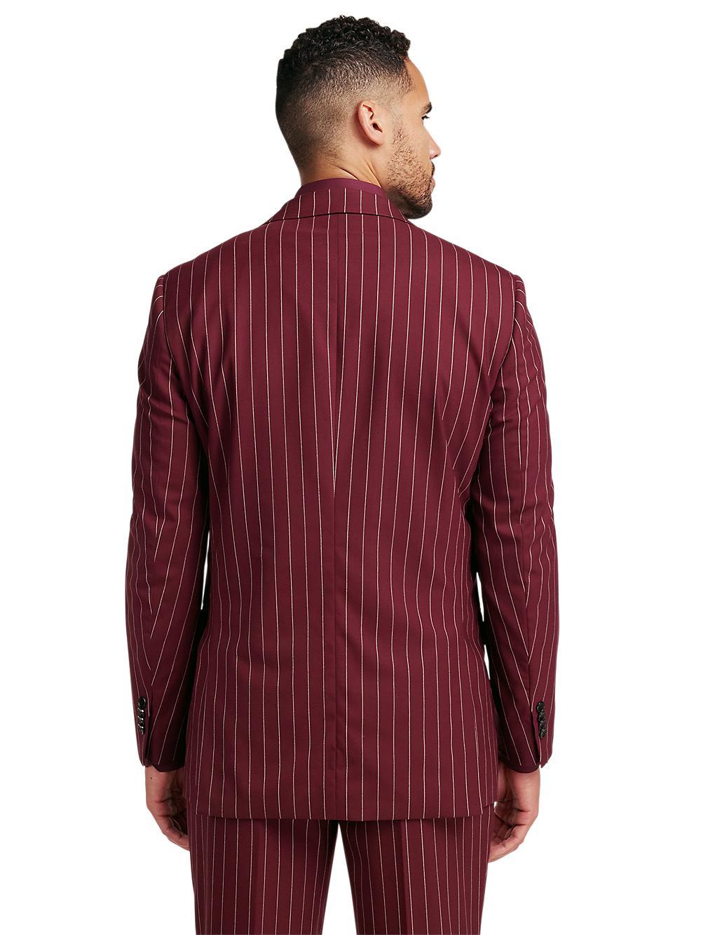 Wool Stretch Stripe Double Breasted Peak Lapel Suit - Burgundy Product Image