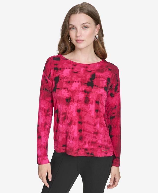 Halston Womens Printed Boat-Neck Long-Sleeve Top Product Image