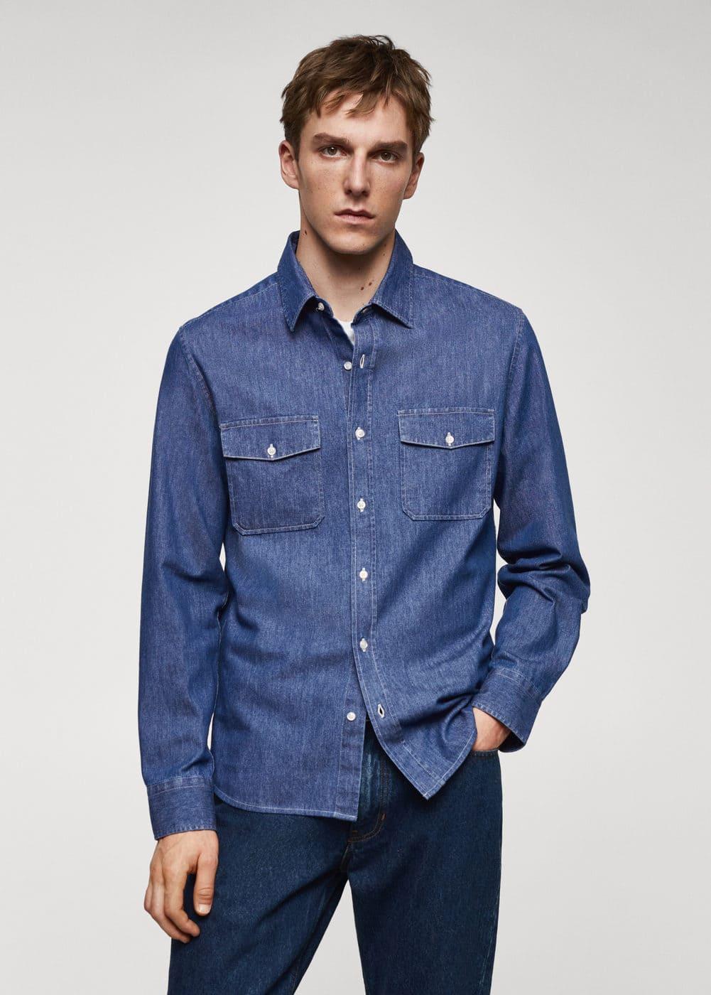 MANGO MAN - Denim overshirt with pockets medium blueMen Product Image