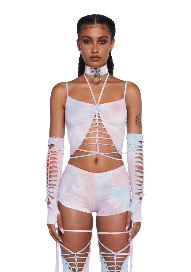 Club Exx Burning Man Tie Dye Shredded Tank And Gloves Set - Pink Product Image