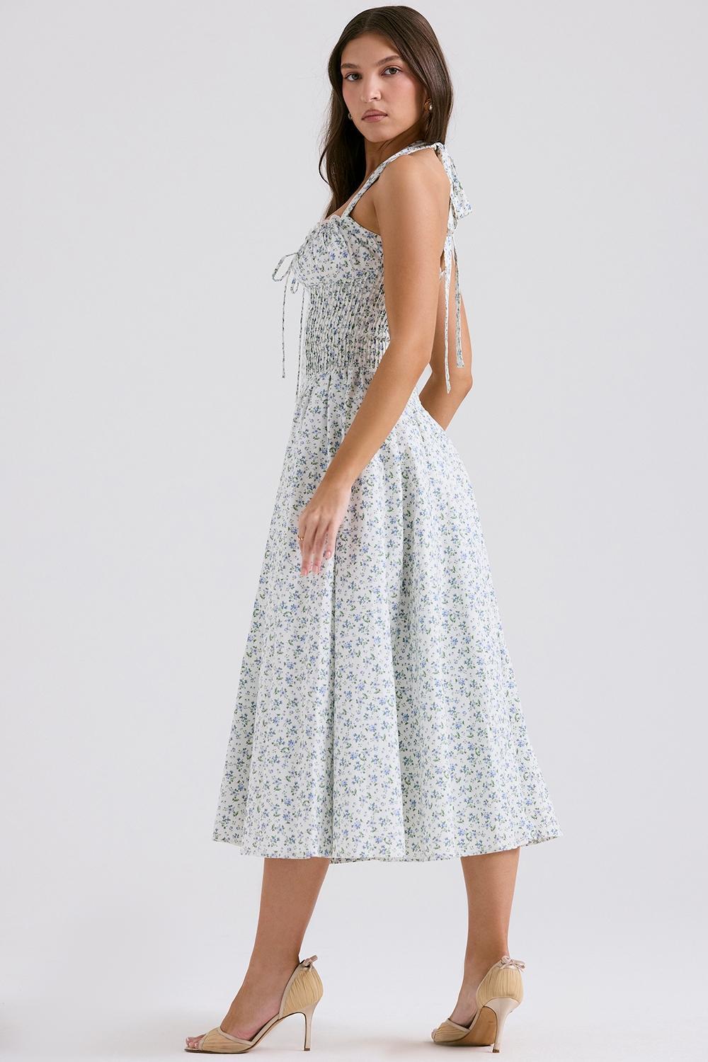 Adabella White Bluebell Print Cotton Halter Sundress Product Image