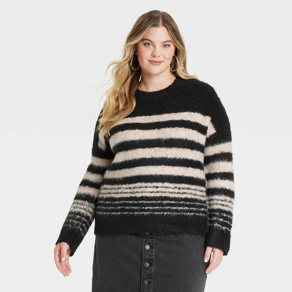 Womens Boucle Crewneck Pullover Sweater - Universal Thread Black/Cream Striped XXL Product Image