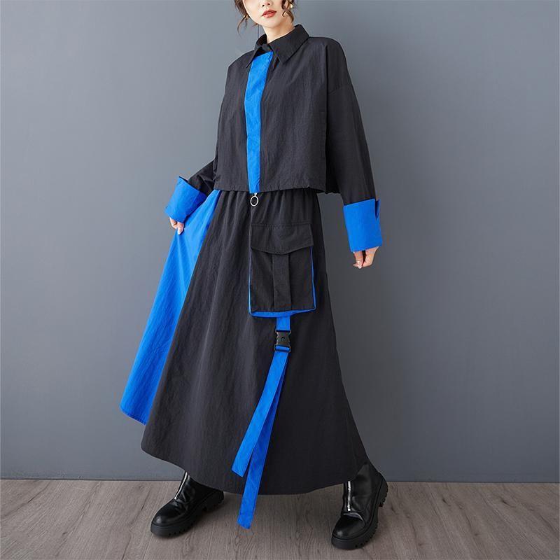 Set: Long-Sleeve Two Tone Crop Shirt + High Waist Maxi A-Line Skirt Product Image