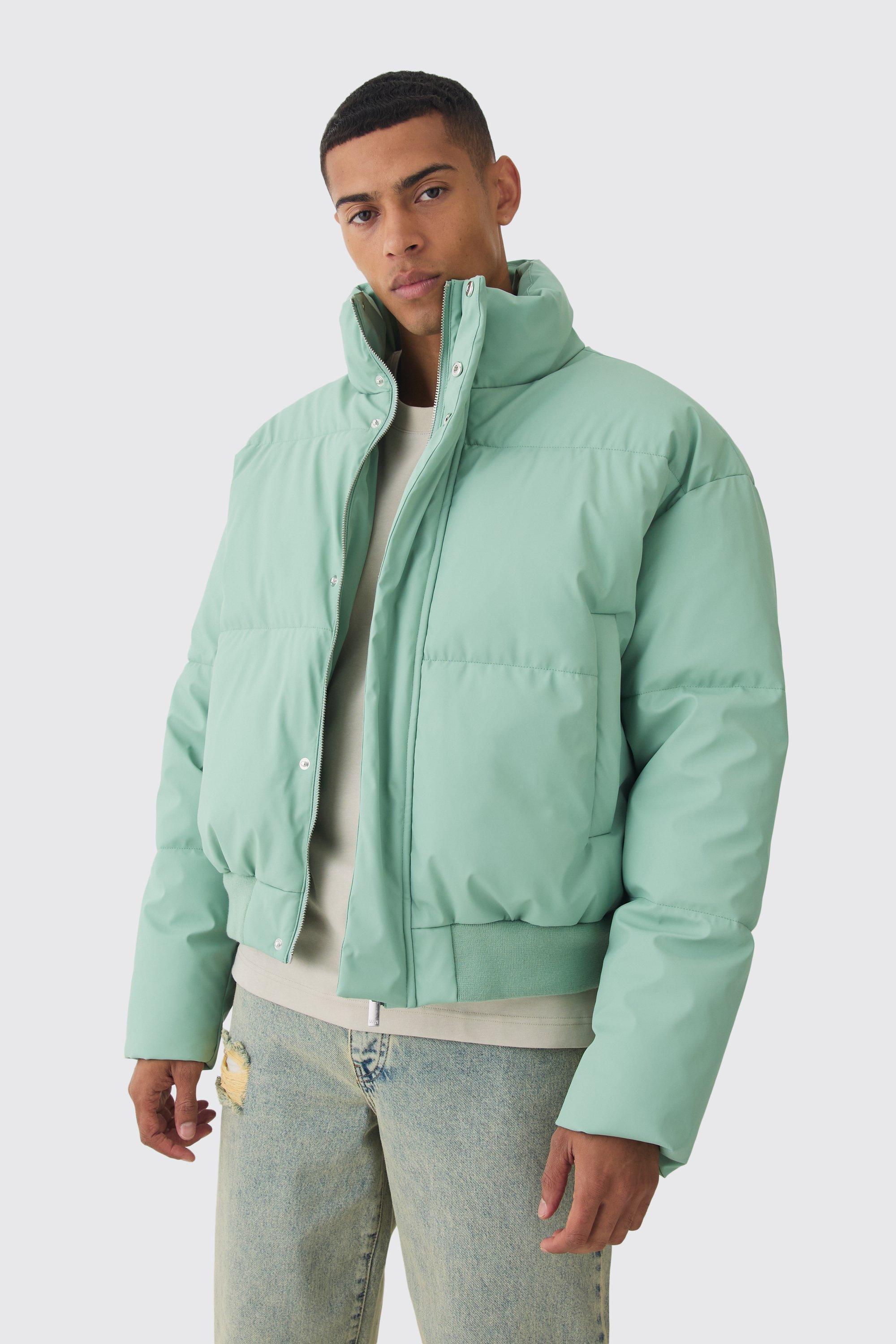 Matte PU Funnel Neck Puffer In Sage | boohooMAN USA product image