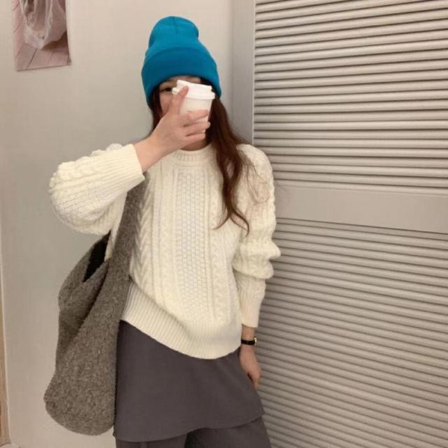 Crew Neck Plain Cable Knit Sweater Product Image