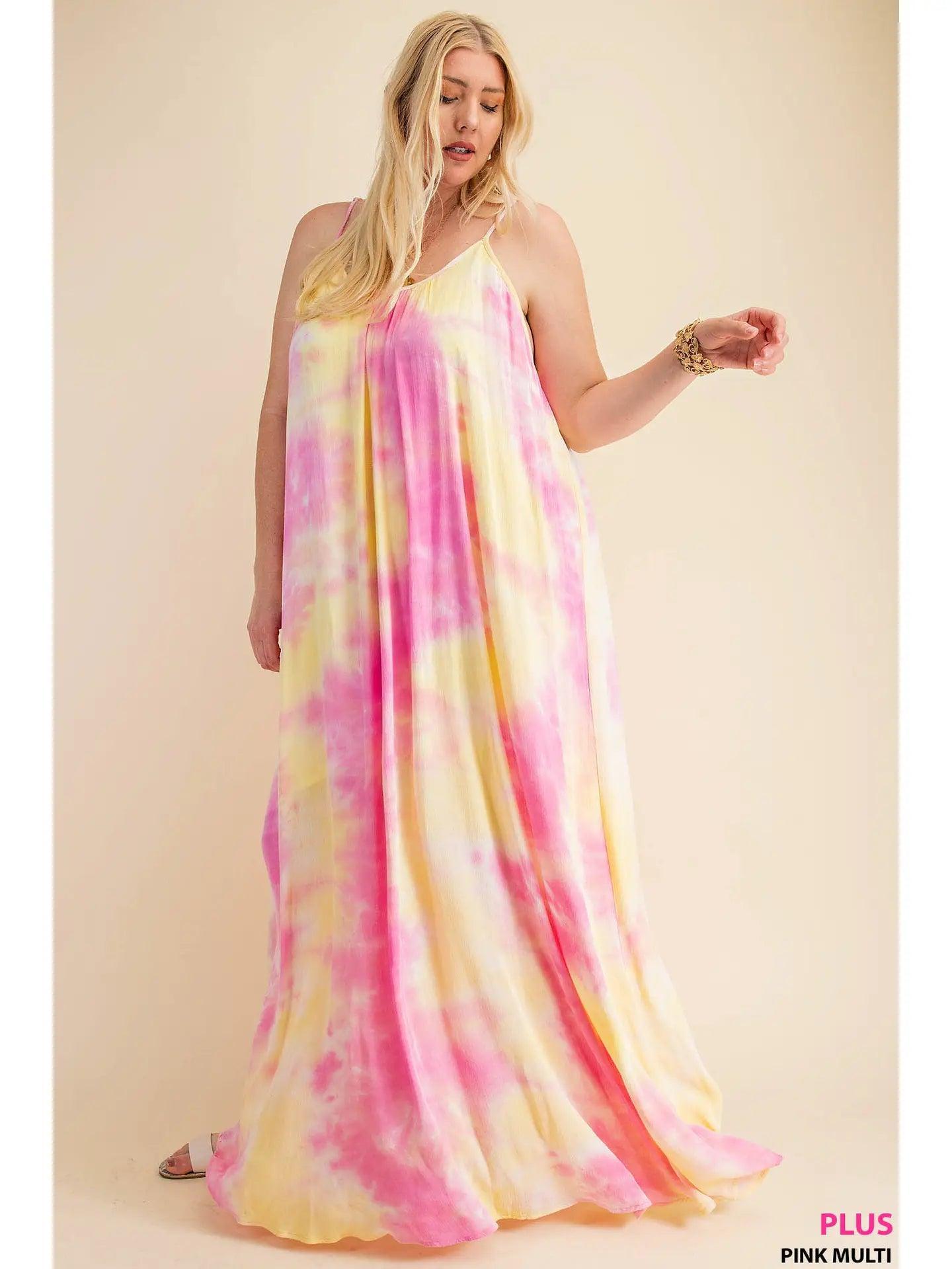 Pink and Yellow Soft Tie-Dye Fabrication Strappy Maxi Dress Product Image