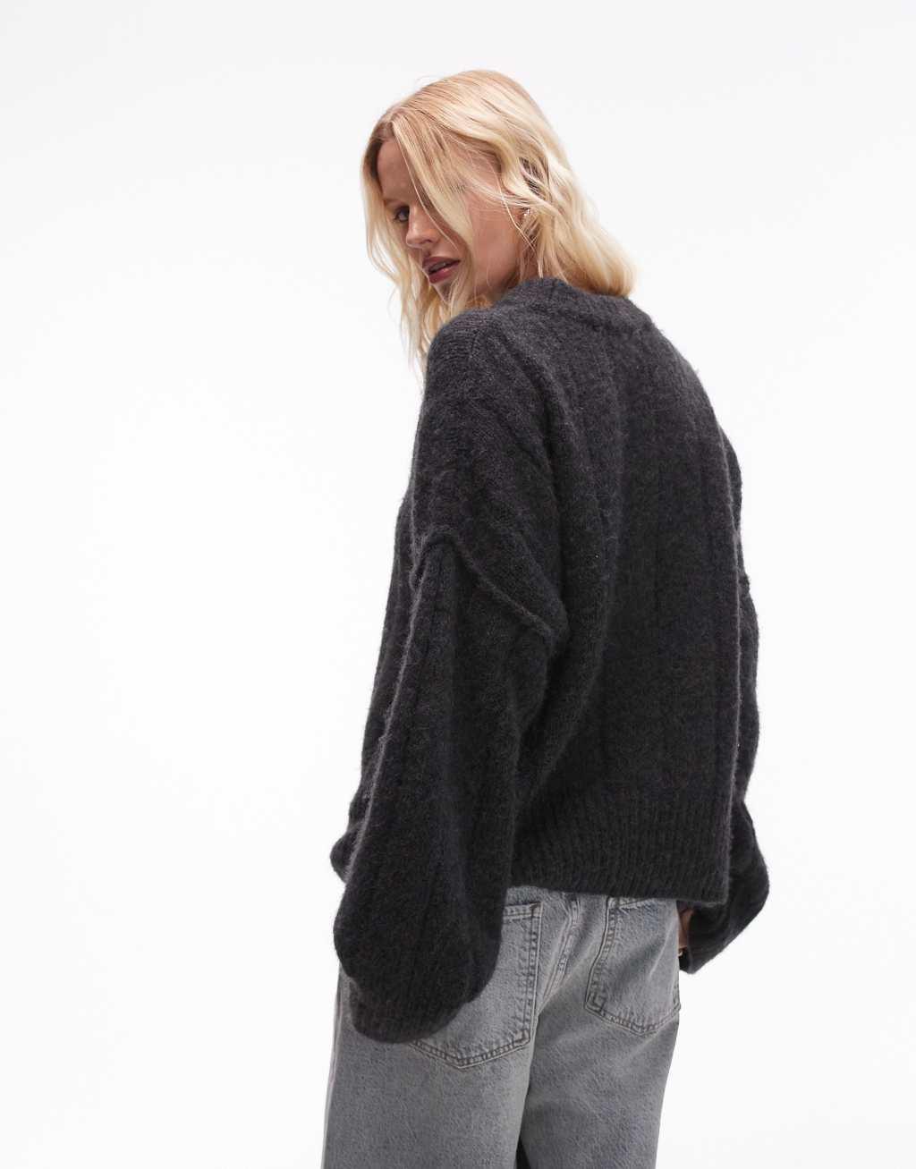 Topshop knitted fluffy rib oversized crew sweater in charcoal Product Image