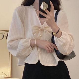 Long Sleeve V-Neck Bowknot Pearl Plain Button Up Cropped Blouse Product Image