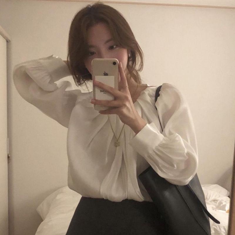 Long-Sleeve U-Neck Button-Up Plain Blouse Product Image