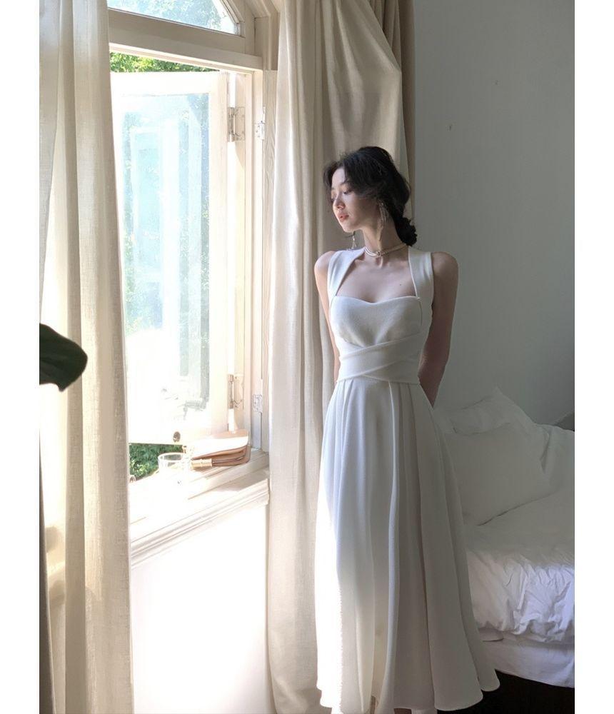 Sleeveless Square Neck Plain Maxi A-Line Dress Product Image