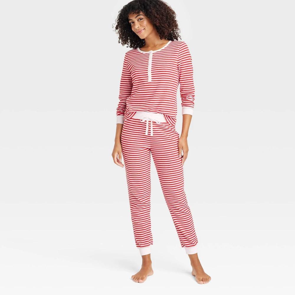 Womens Striped Thermal Long Sleeve Henley Top and Jogger Pants Pajama Set - Auden Red Product Image