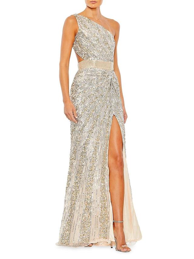 Womens Sequined One-Shoulder Lace-Up Gown Product Image