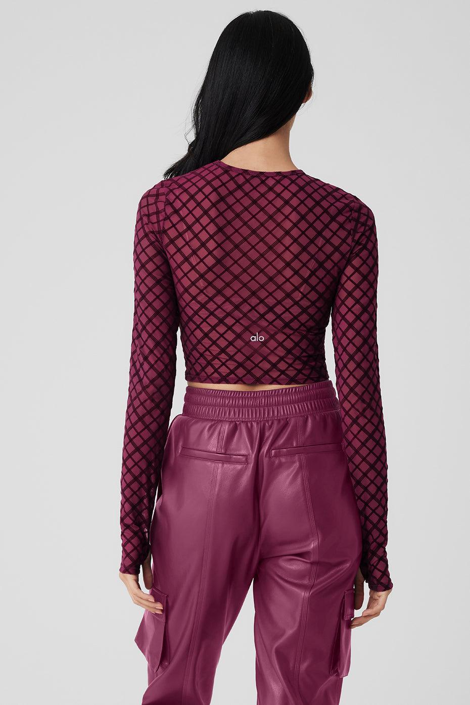 Mesh Plaid Cropped Long Sleeve Top - Wild Berry Female Product Image