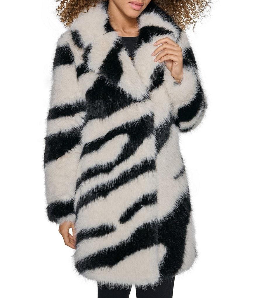 KARL LAGERFELD PARIS Faux Fur Zebra Single Breasted Notch Collar Coat Product Image