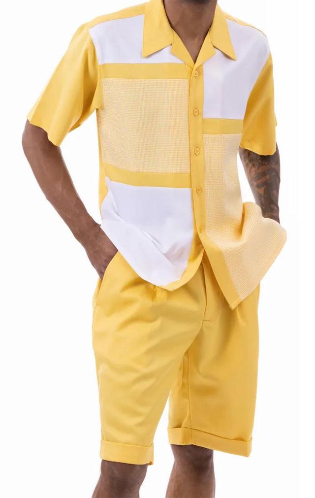 Canary Yellow Houndstooth Color Block Walking Suit 2 Piece Short Sleeve Set with Shorts Product Image