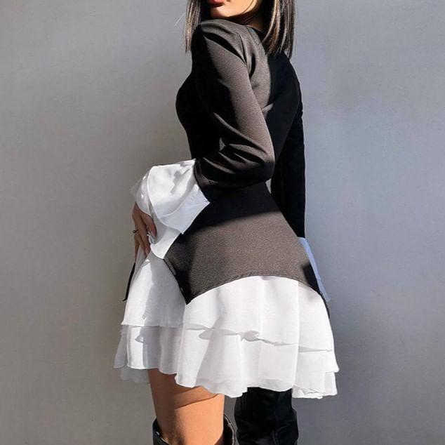 Long-Sleeve V-Neck Two Tone Layered Ruffle Mini A-Line Dress Product Image