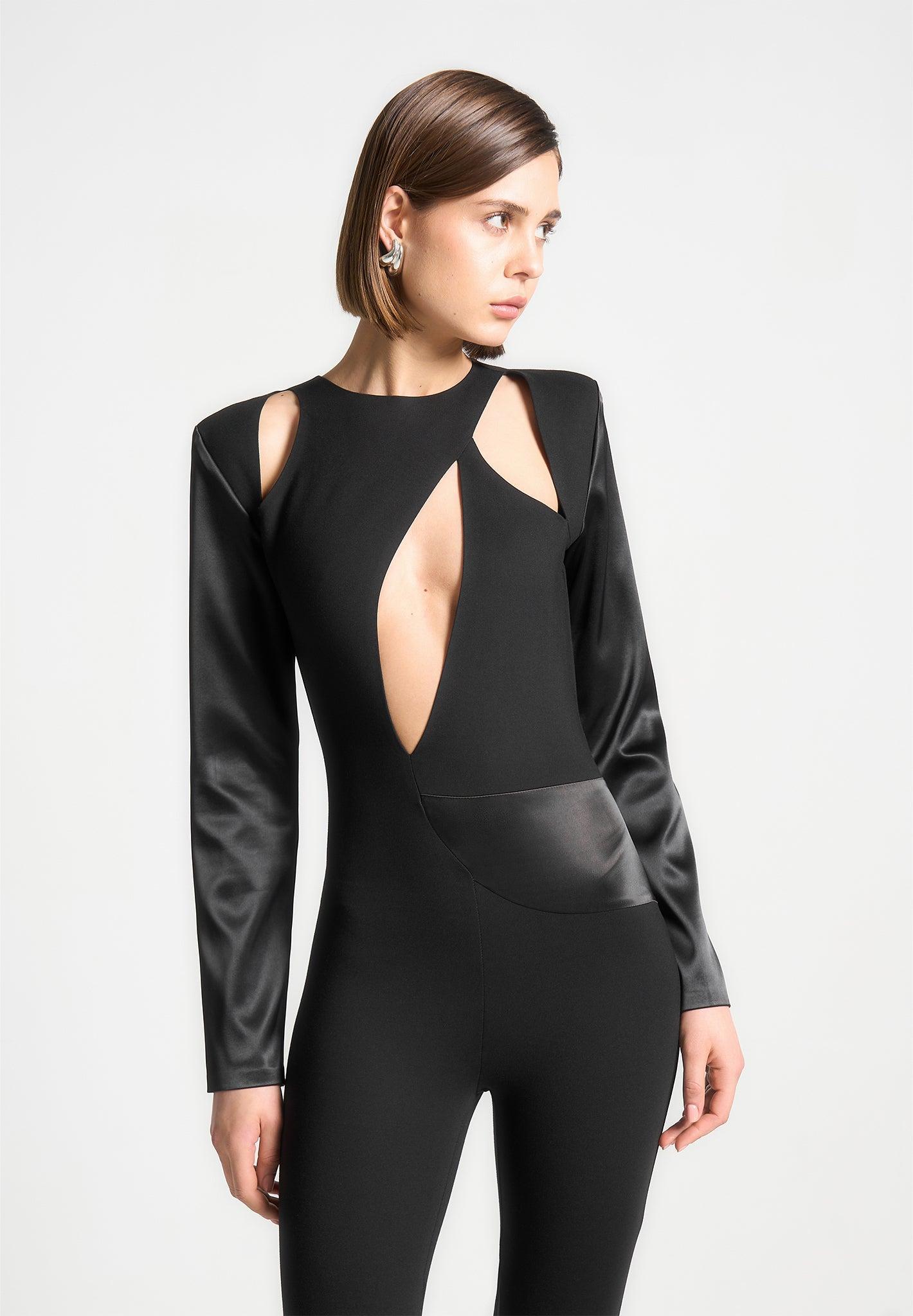 Satin and Bandage Flared Jumpsuit - Black Female Product Image