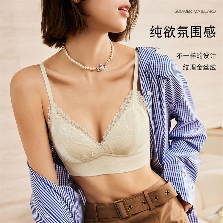 Deep V-Neck Lace Trimmed Wireless Bra Product Image