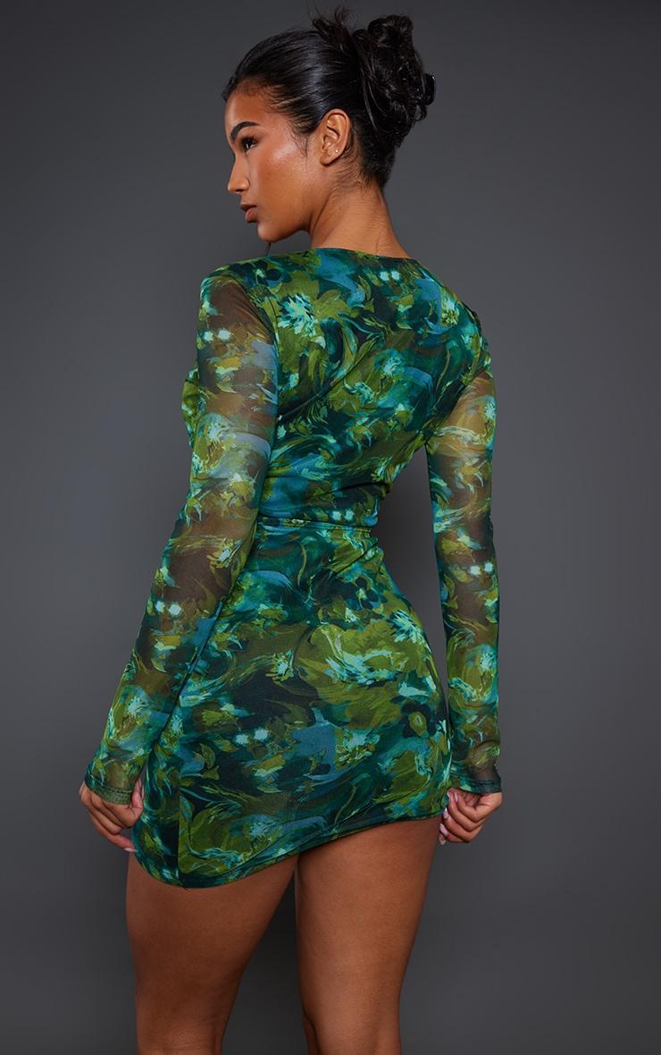 Green Abstract Print Mesh Cut Out Long Sleeve Bodycon Dress Product Image