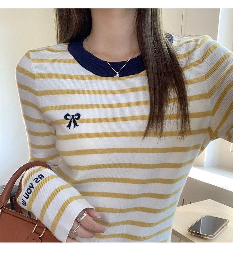 Long-Sleeve Round Neck Striped Bow Embroidered Contrast Trim Knit Top Product Image