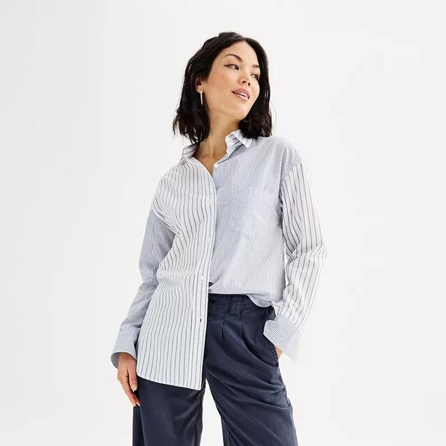 Womens Sonoma Goods For Life Oversized Boyfriend Shirt Blue Mixed Stripe Product Image