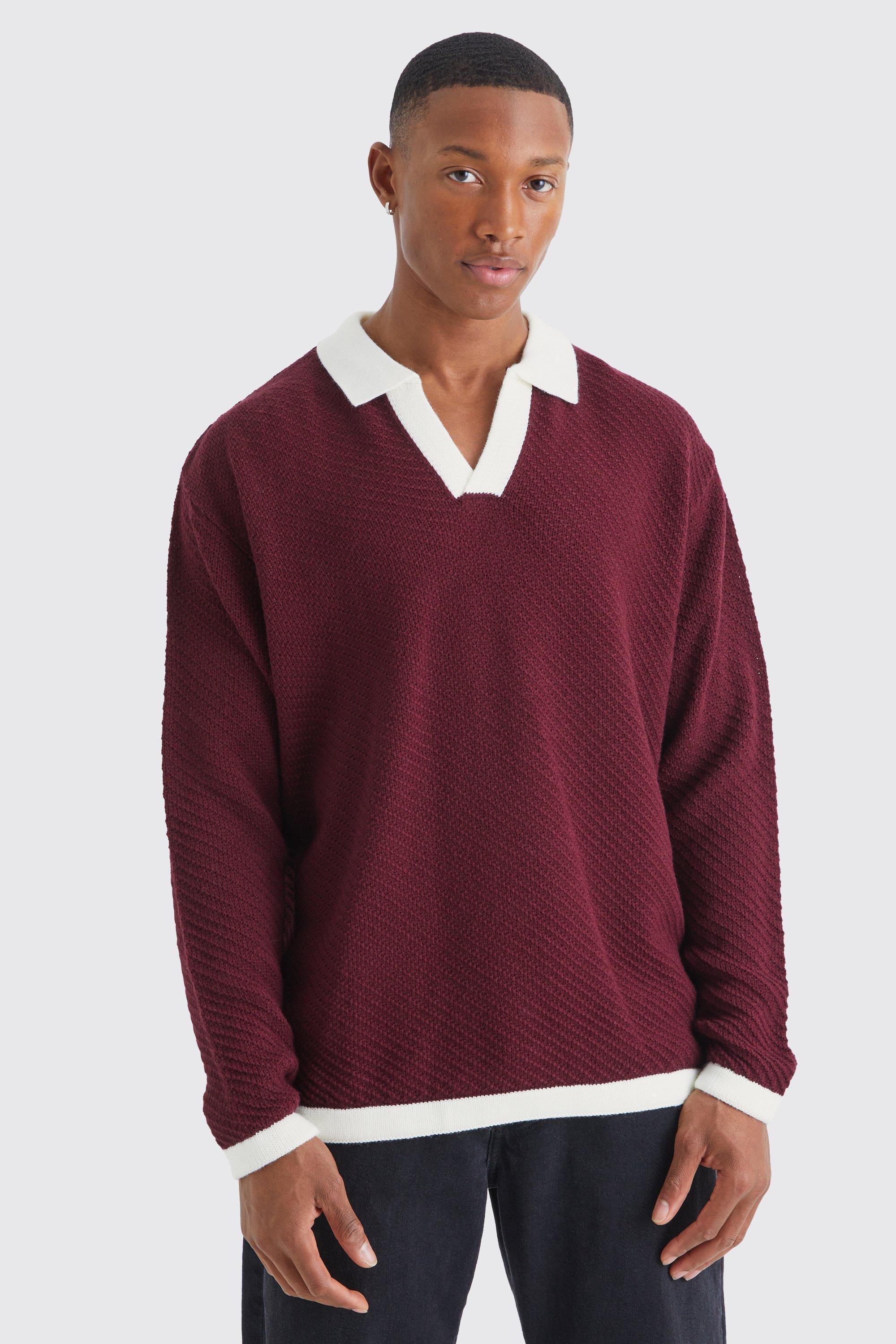 Long Sleeved Oversized Contrast Collar Knitted Polo | boohooMAN USA Product Image