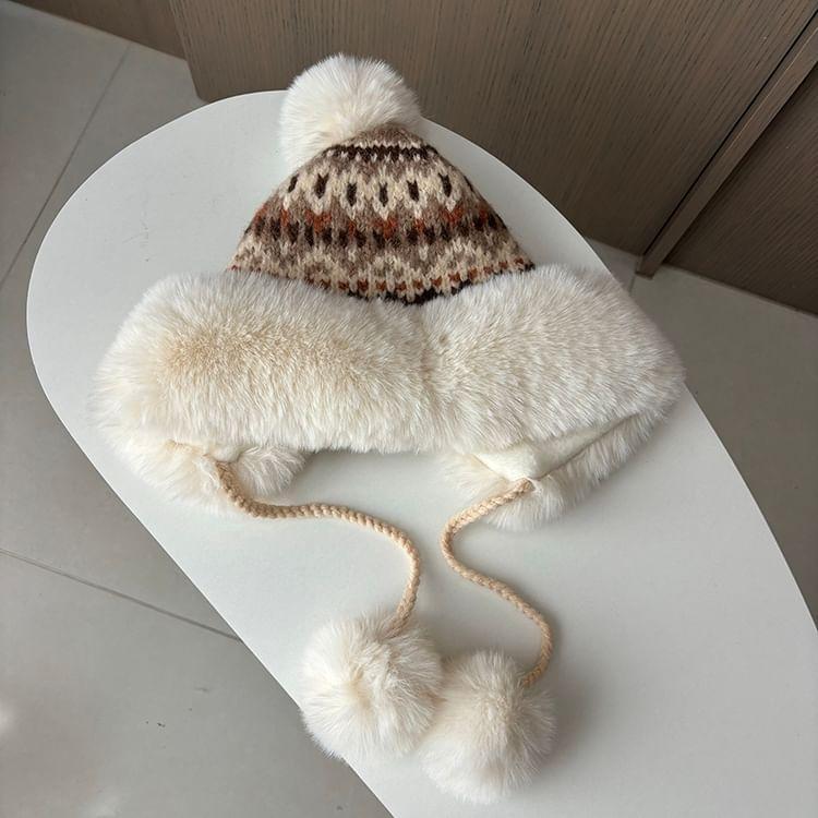 Patterned Faux Fur Knit Hat Product Image