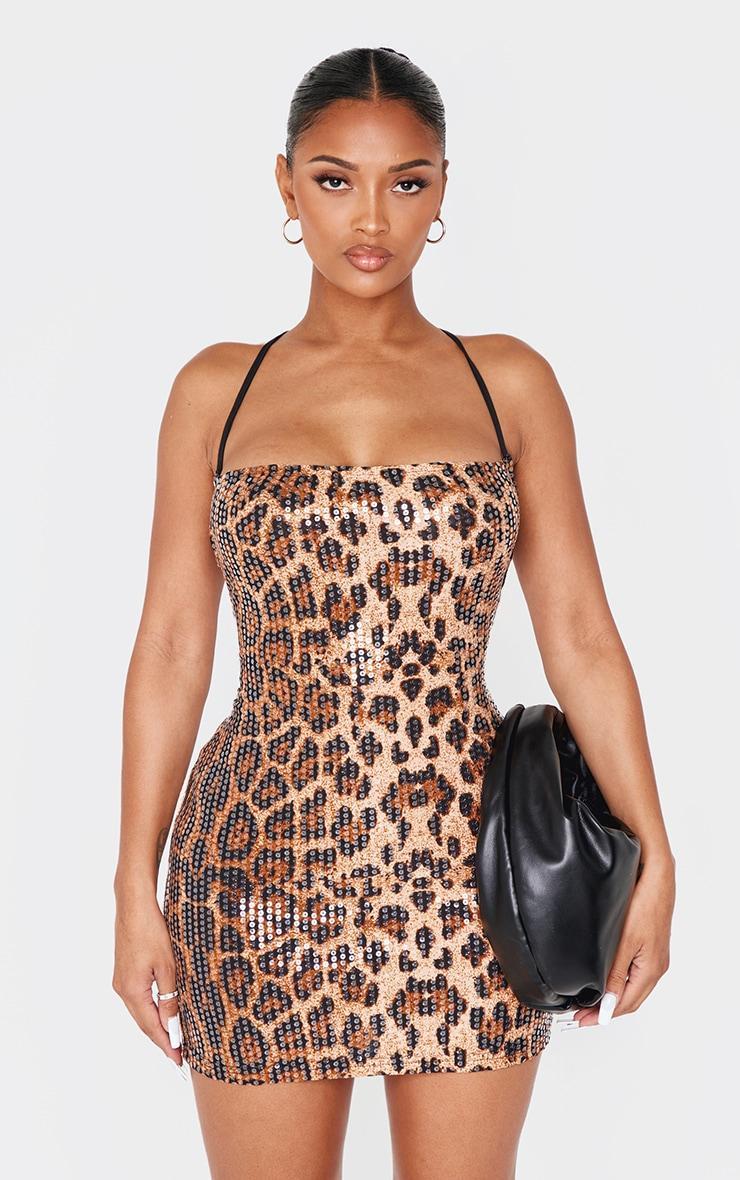 Shape Leopard Sequin Halter Neck Strap Mini Dress Product Image