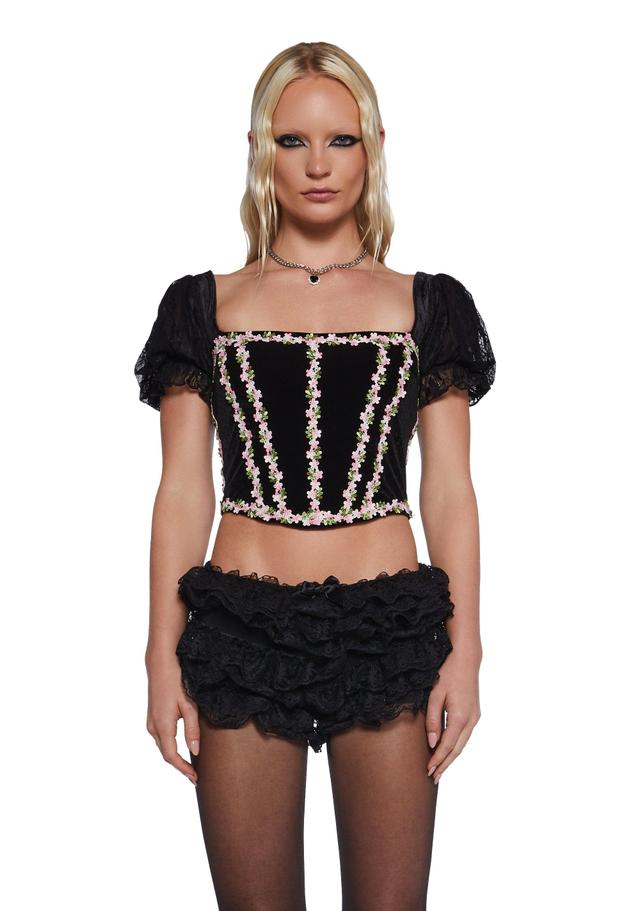 Fairytale Velvet Sheer Floral Lace Short Sleeve Corset Top Sugar Thrillz - Black Product Image