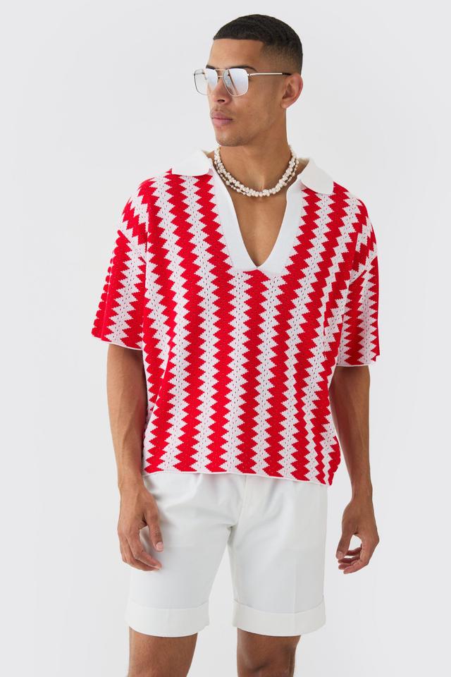 Mens Oversized Boxy Drop Revere Open Stitch Stripe Polo In Red, Red Product Image