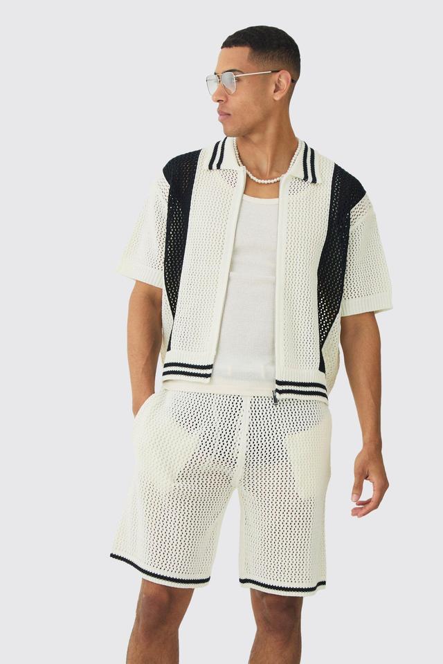 Oversized Boxy Open Stitch Zip Through Shirt & Short Set | boohooMAN USA Product Image