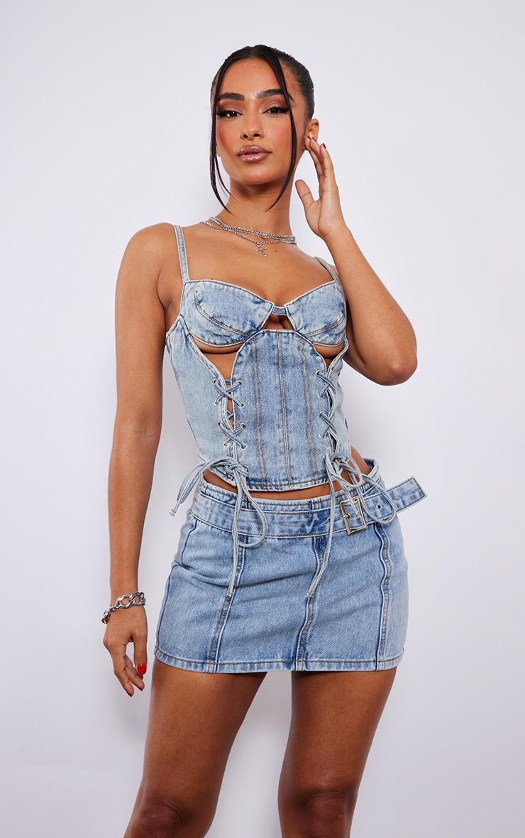 Petite Light Blue Wash Denim Buckle Detail Mini Skirt Product Image