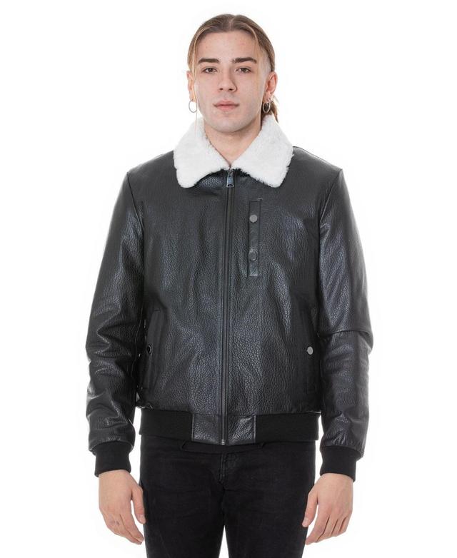 Mens Genuine Leather Bomber Jacket with Shearling Lining Nappa and White Curly Wool - Black Product Image